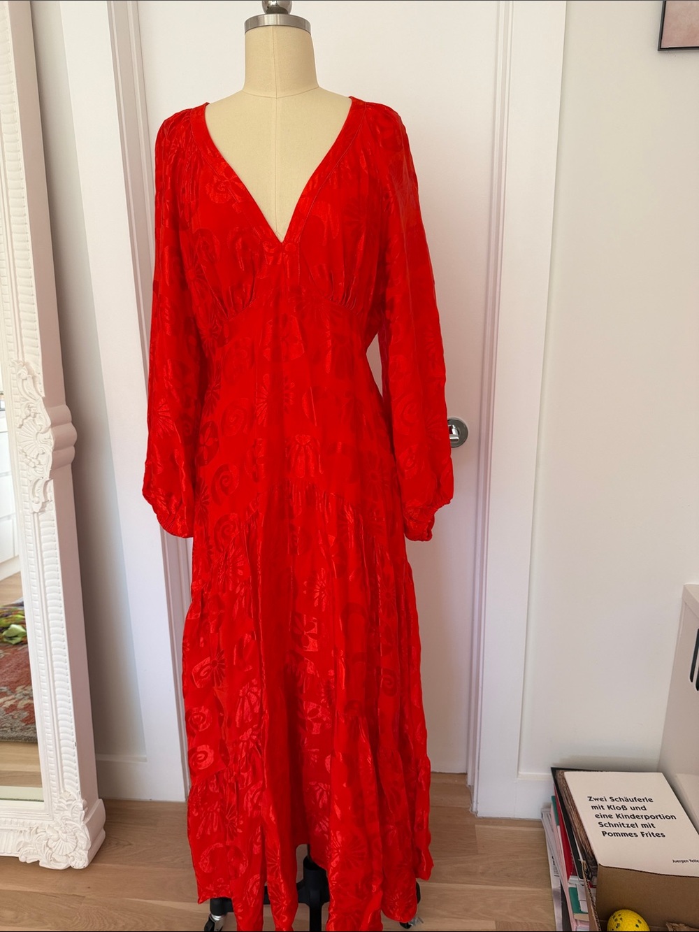 Anthropologie Red V-Neck Long Sleeve Maxi Dress